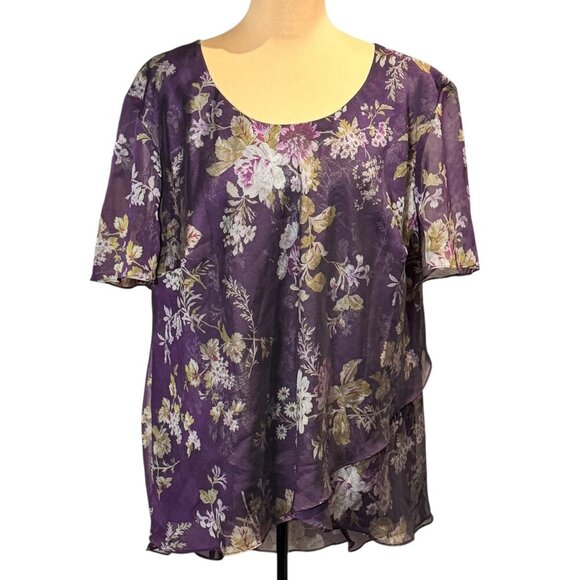 R & M Richards Womens Dark Floral Top Sz.XXL Purple Chiffon Party Office Boho - Picture 1 of 9